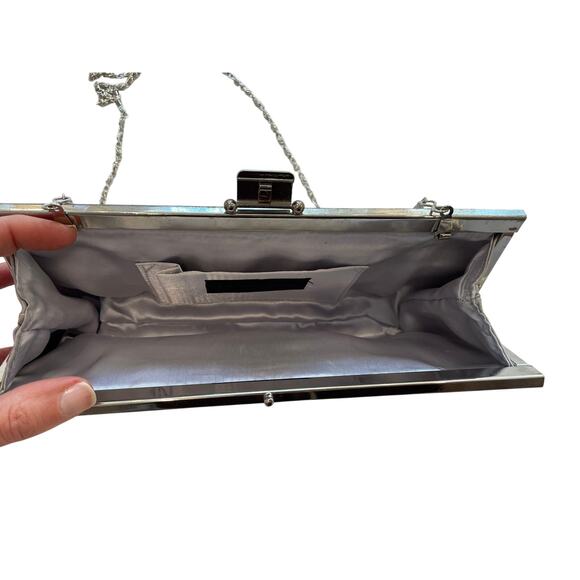 Jessico McClintock Silver Satin Clutch, Evening Clutch, Drop Chain, Clasp - Picture 9 of 11